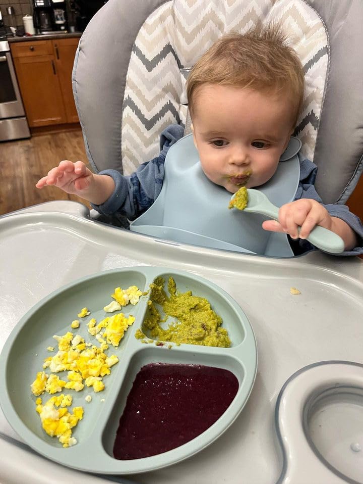 PandaEar طقم تغذية الأطفال من السيليكون | 2 طبق مسطح مقسم مع شفط + 2 وعاء مع شفط + 2 كوب صغير مع 2 ملعقة | أدوات التغذية الذاتية للأطفال (أزرق أبيض) - Image 5